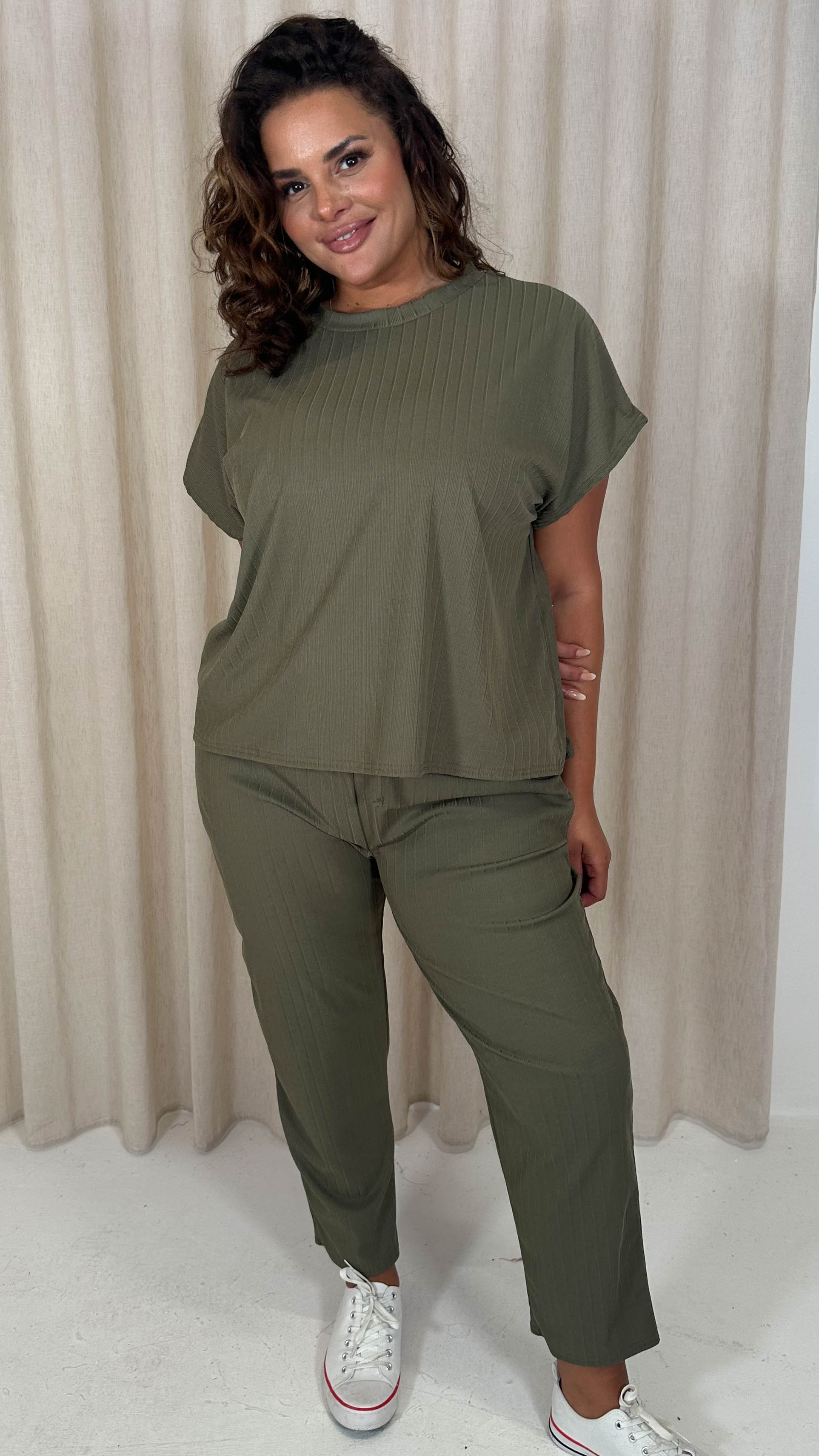 CurveWow Bandage Rib Lounge Oversized T-Shirt Khaki