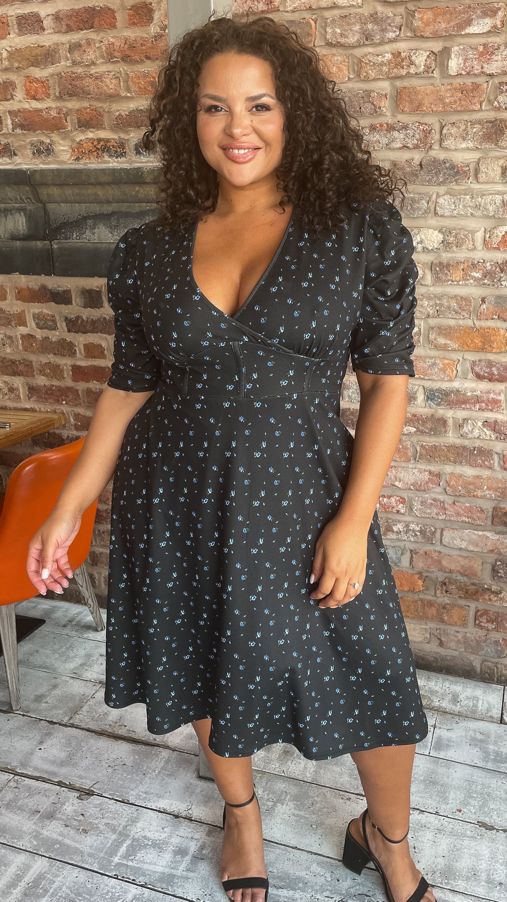 CurveWow Corset Waist Wrap Dress Blue Ditsy Floral