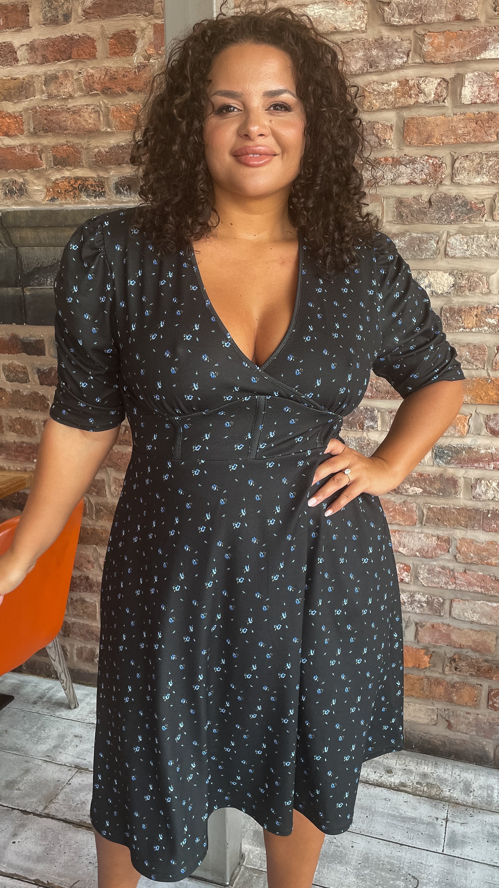 CurveWow Corset Waist Wrap Dress Blue Ditsy Floral