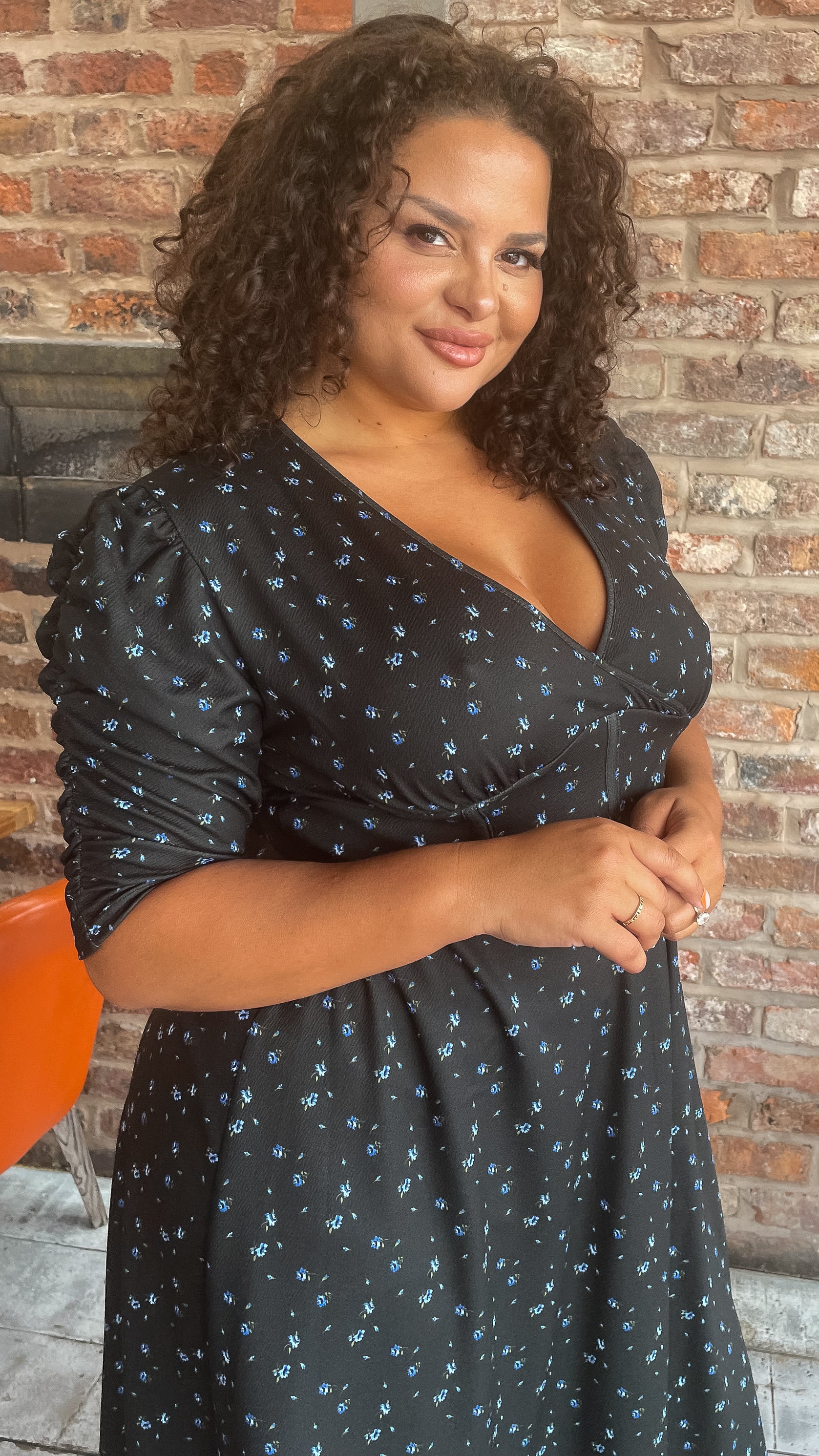 CurveWow Corset Waist Wrap Dress Blue Ditsy Floral