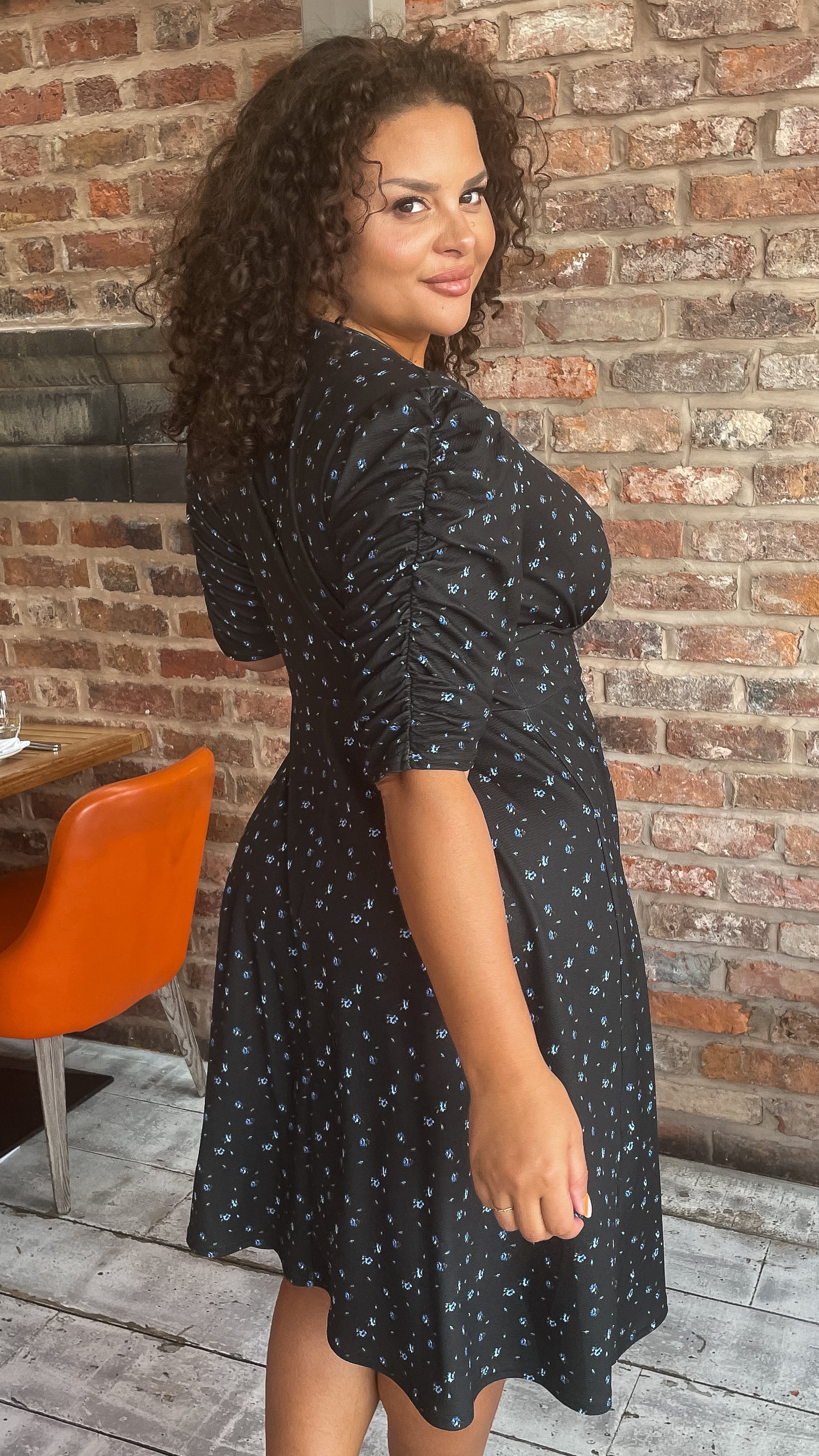 CurveWow Corset Waist Wrap Dress Blue Ditsy Floral