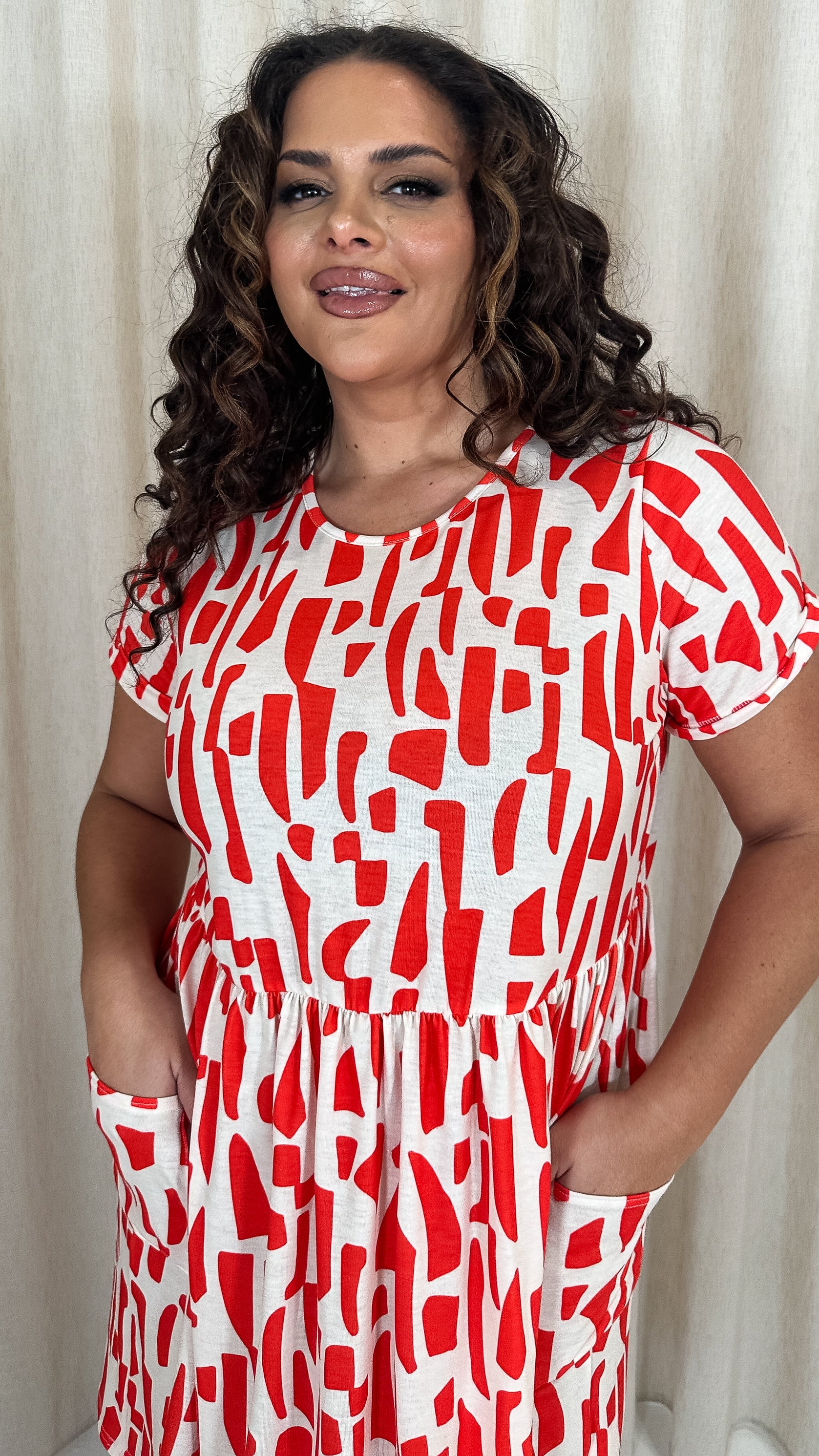 CurveWow Printed Pocket Smock Dress Orange Spot