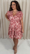 CurveWow Printed Wrap Frill Cap Sleeve Dress Pink Floral