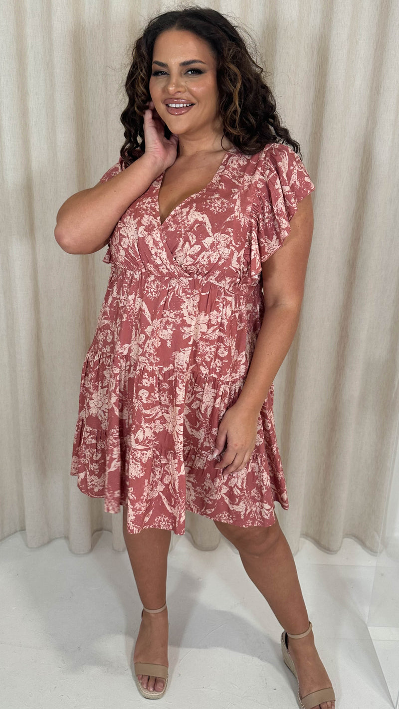 CurveWow Printed Wrap Frill Cap Sleeve Dress Pink Floral