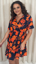 CurveWow Tiered Hem Wrap Dress Navy Orange Floral