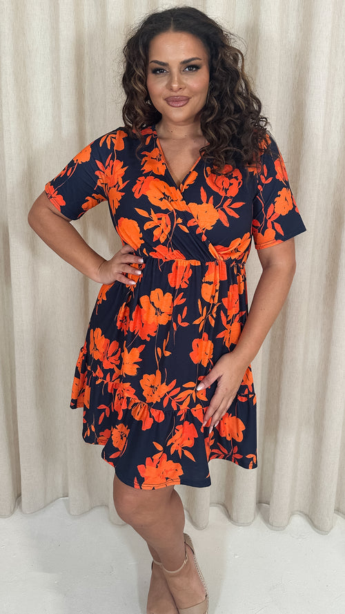 CurveWow Tiered Hem Wrap Dress Navy Orange Floral