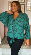 CurveWow Long Sleeve Tie Front Shirt Green Leopard