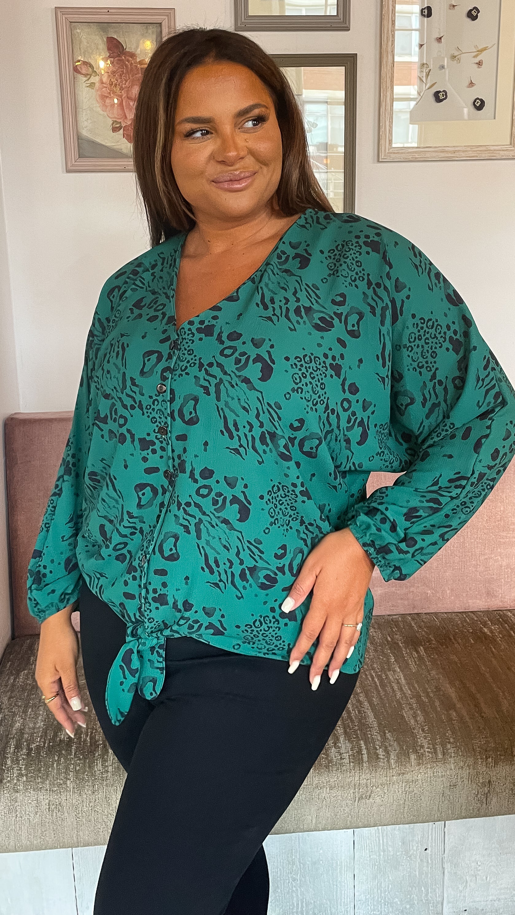 CurveWow Long Sleeve Tie Front Shirt Green Leopard