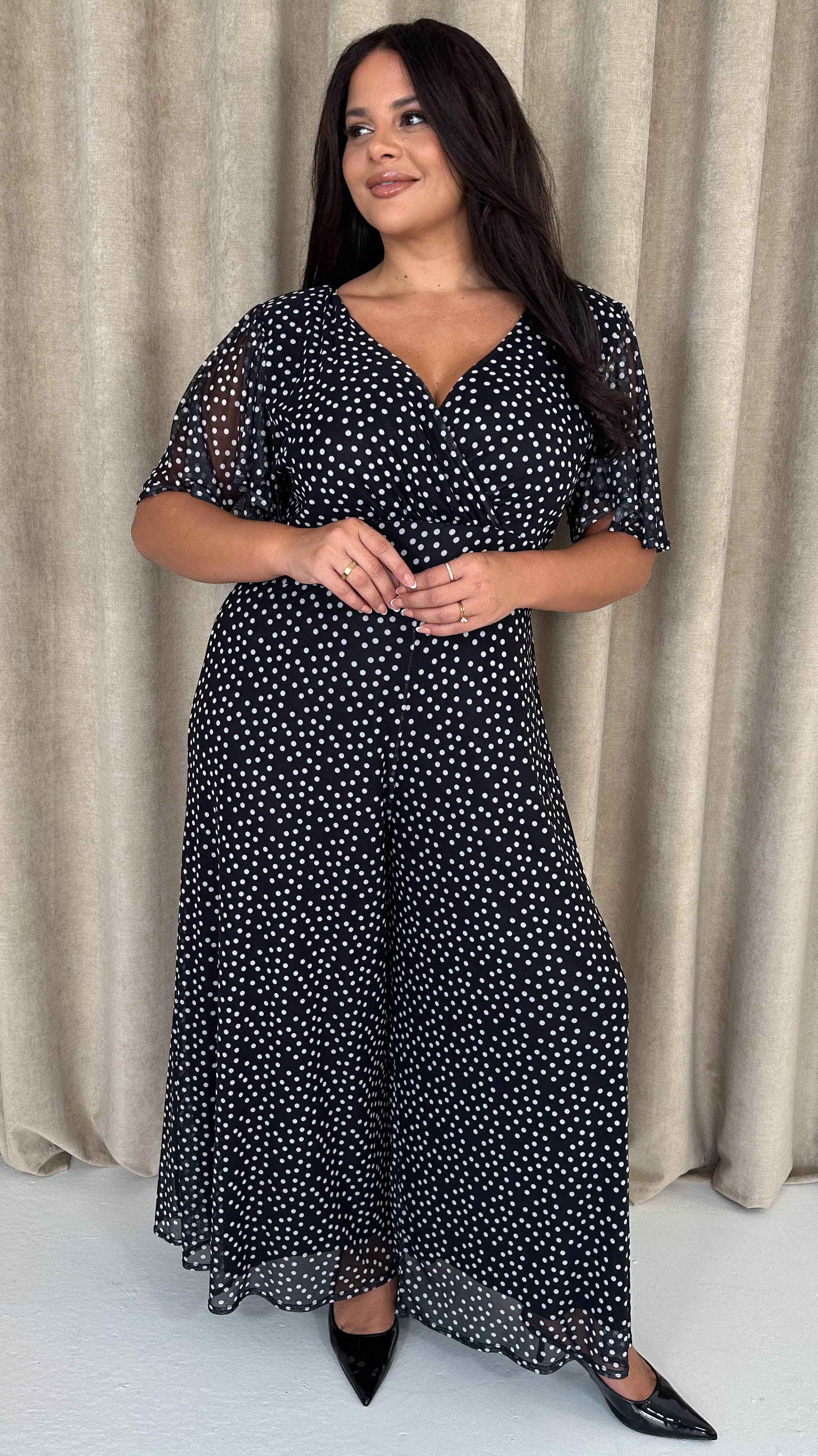 CurveWow Printed Mesh Angel Sleeve Wideleg Jumpsuit Spot