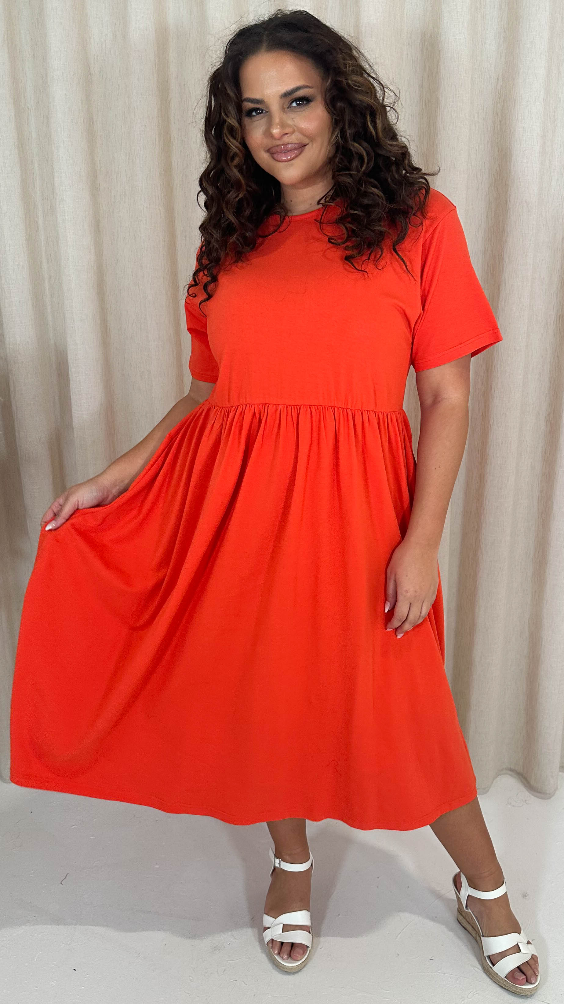 CurveWow Elasticated Waist Midi Dress Red/Orange