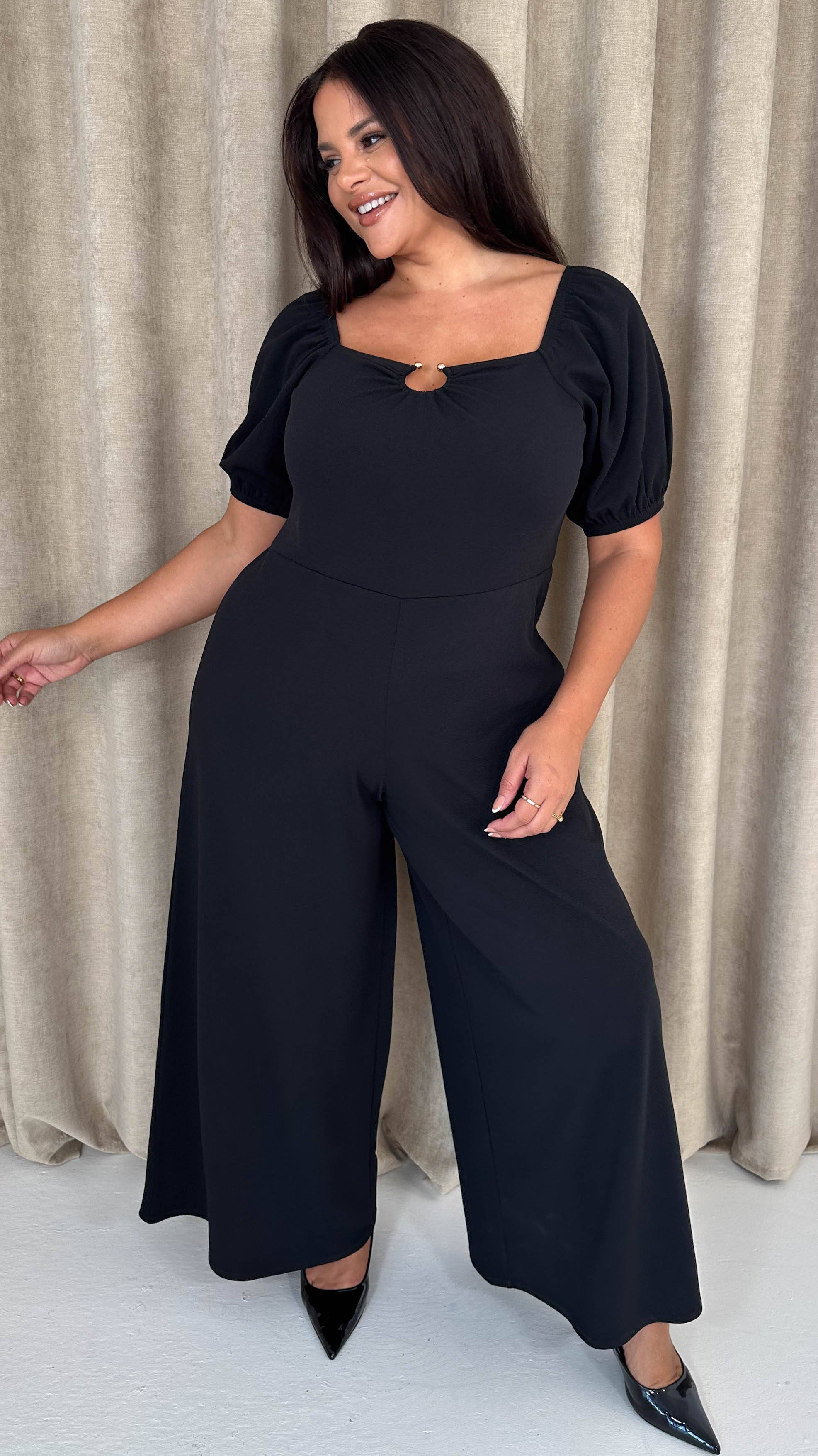 CurveWow O-Ring Milkmaid Wideleg Jumpsuit Black