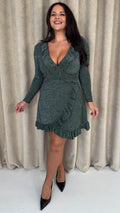 CurveWow Sparkle Ruffle Mini Dress Khaki