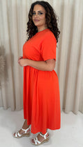 CurveWow Elasticated Waist Pocket Midi Dress Red/Orange