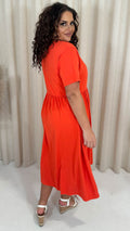 CurveWow Elasticated Waist Pocket Midi Dress Red/Orange