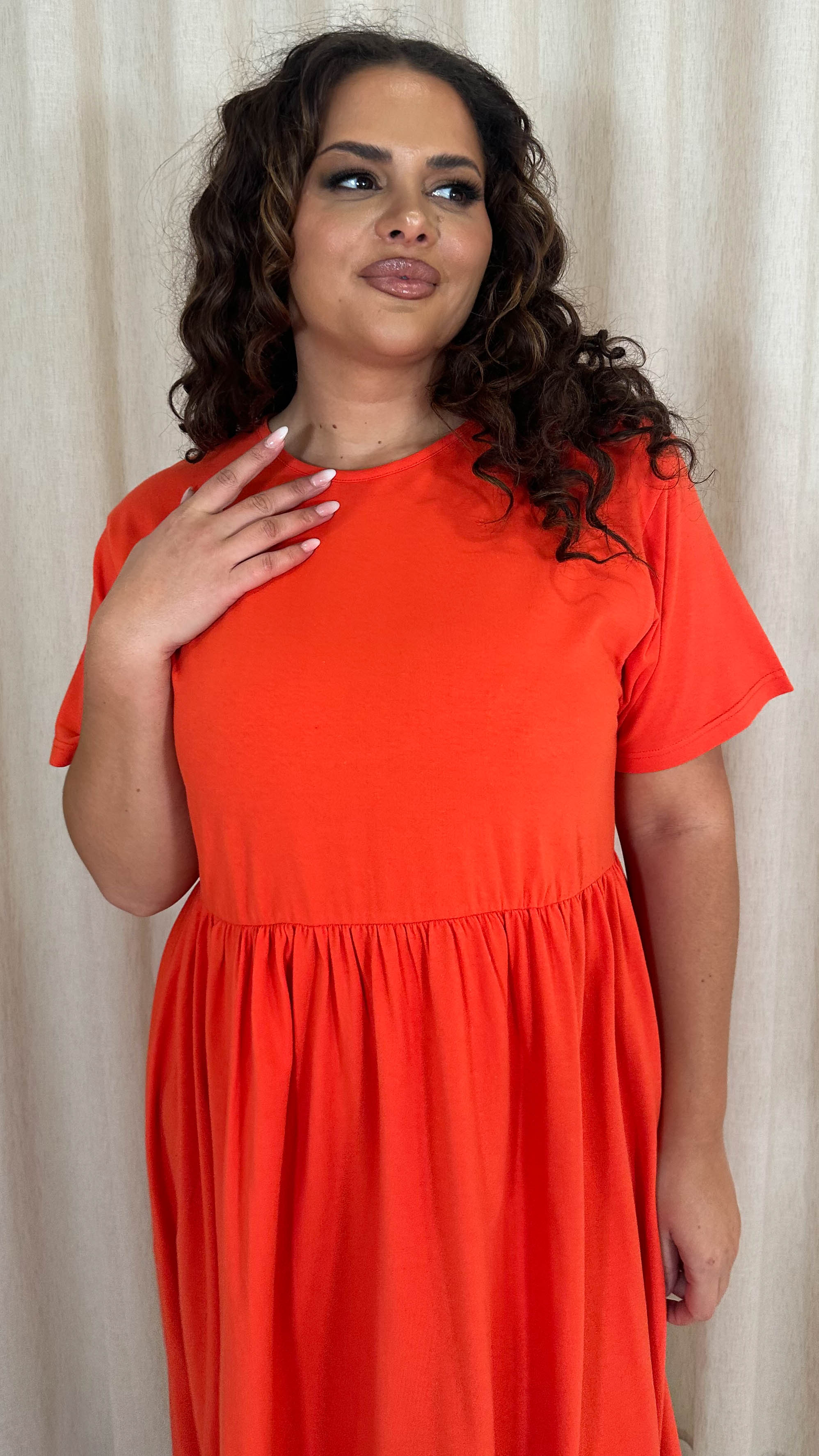 CurveWow Elasticated Waist Midi Dress Red/Orange