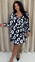 CurveWow Balloon Sleeve Wrap Mini Dress Black & White Leopard