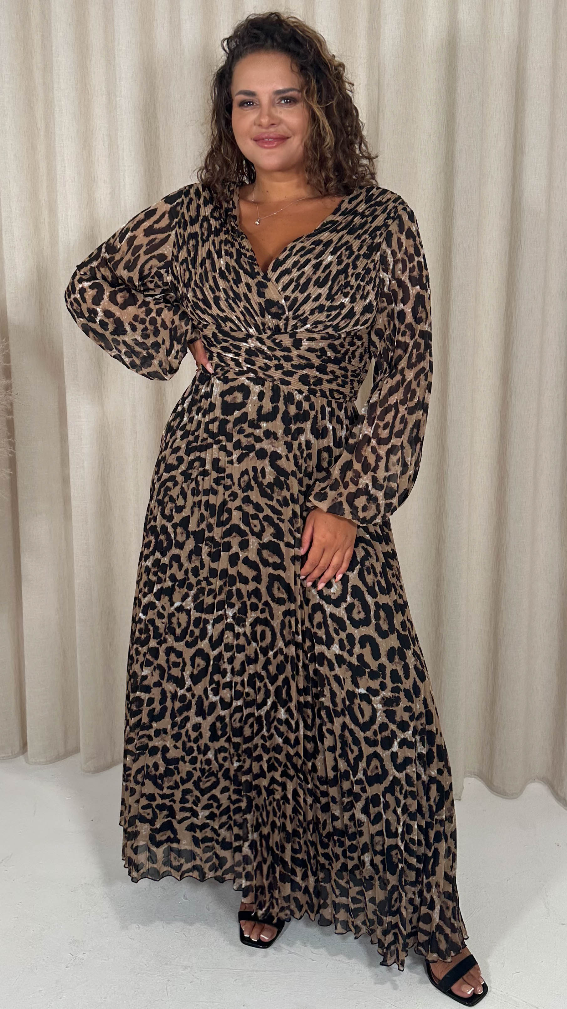 CurveWow Pleated Wrap Maxi Dress Leopard