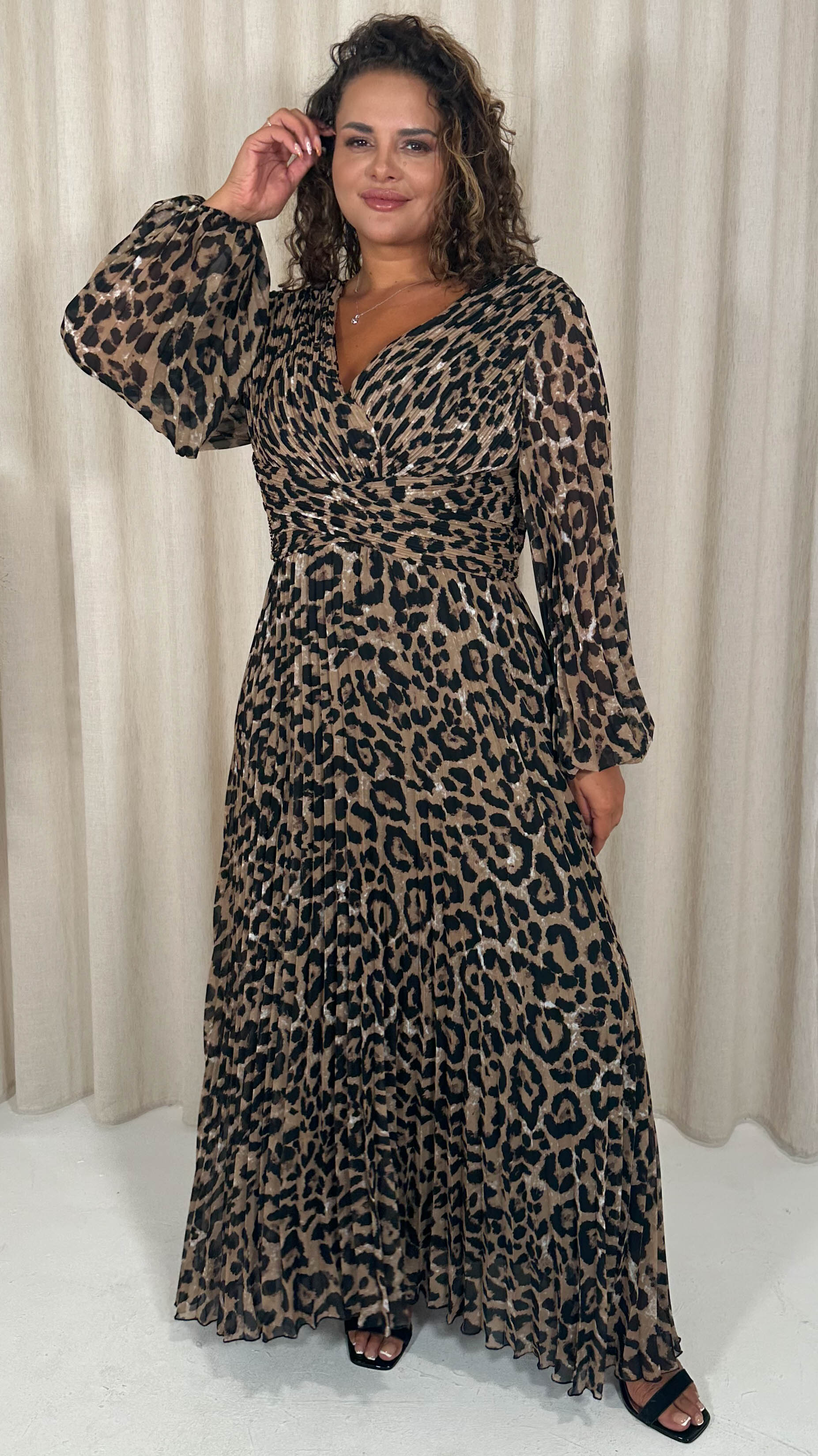 CurveWow Pleated Wrap Maxi Dress Leopard