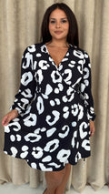 CurveWow Balloon Sleeve Wrap Mini Dress Black & White Leopard