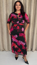 CurveWow Ruched Chest Keyhole Maxi Dress Pink Brush Stroke Print