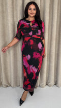 CurveWow Ruched Chest Keyhole Maxi Dress Pink Brush Stroke Print