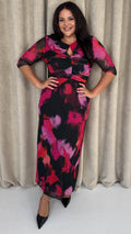 CurveWow Ruched Chest Keyhole Maxi Dress Pink Brush Stroke Print