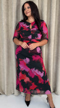 CurveWow Ruched Chest Keyhole Maxi Dress Pink Brush Stroke Print