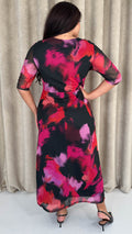 CurveWow Ruched Chest Keyhole Maxi Dress Pink Brush Stroke Print
