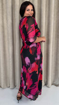 CurveWow Ruched Chest Keyhole Maxi Dress Pink Brush Stroke Print