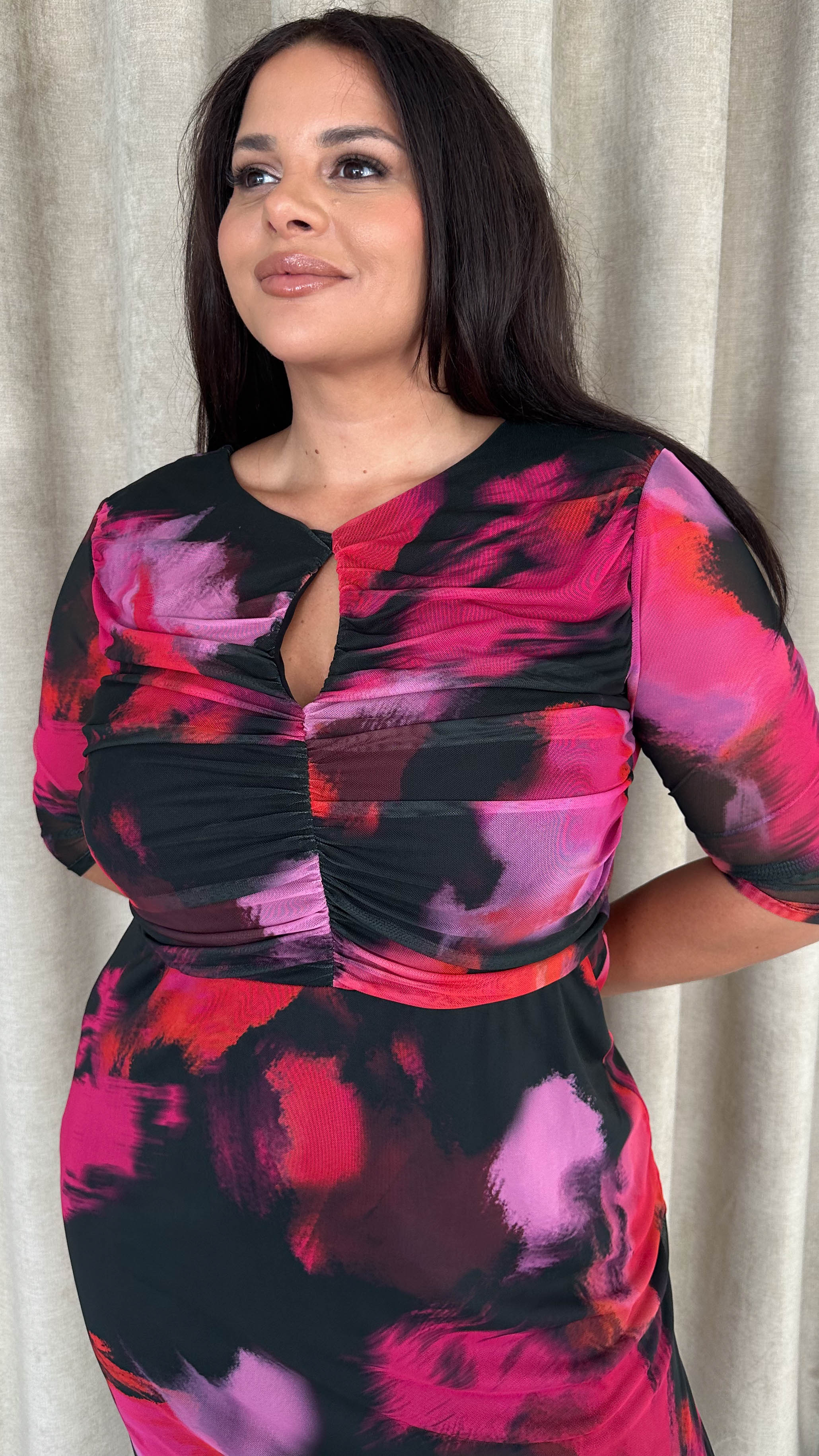 CurveWow Ruched Chest Keyhole Maxi Dress Pink Brush Stroke Print