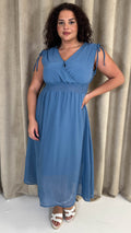CurveWow Shirred Waist Dobby Midaxi Dress Dusty Blue