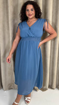 CurveWow Shirred Waist Dobby Midaxi Dress Dusty Blue