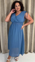 CurveWow Shirred Waist Dobby Midaxi Dress Dusty Blue