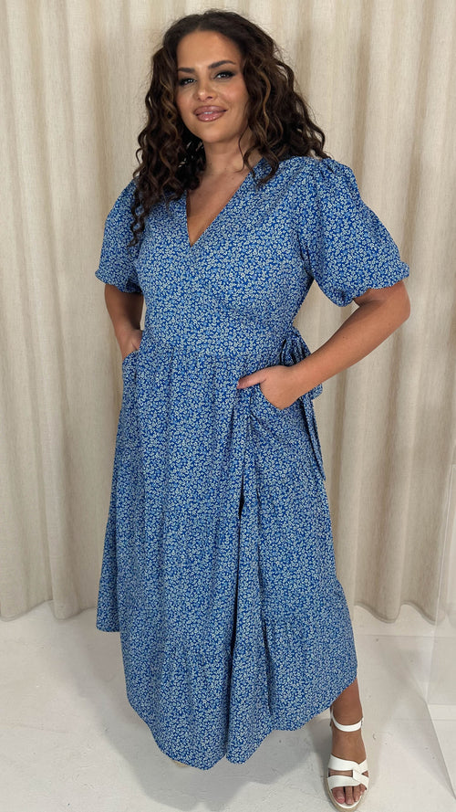 CurveWow Wrap Puff Sleeve Vneck Tiered Wrap Dress Blue Floral