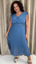 CurveWow Shirred Waist Dobby Midaxi Dress Dusty Blue