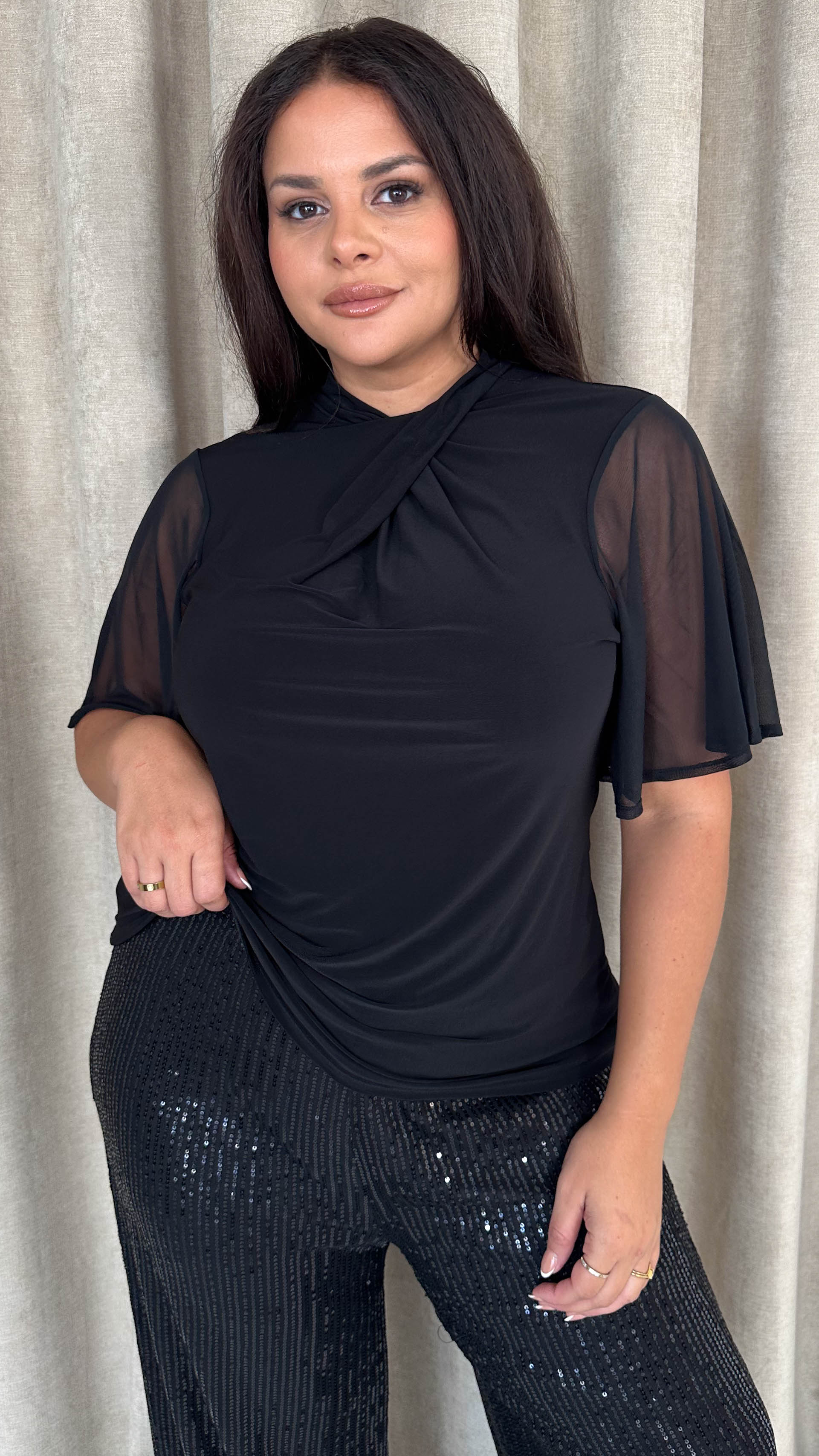 CurveWow Mesh Angel Sleeve Twist Neck Top Black