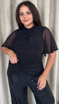 CurveWow Mesh Angel Sleeve Twist Neck Top Black