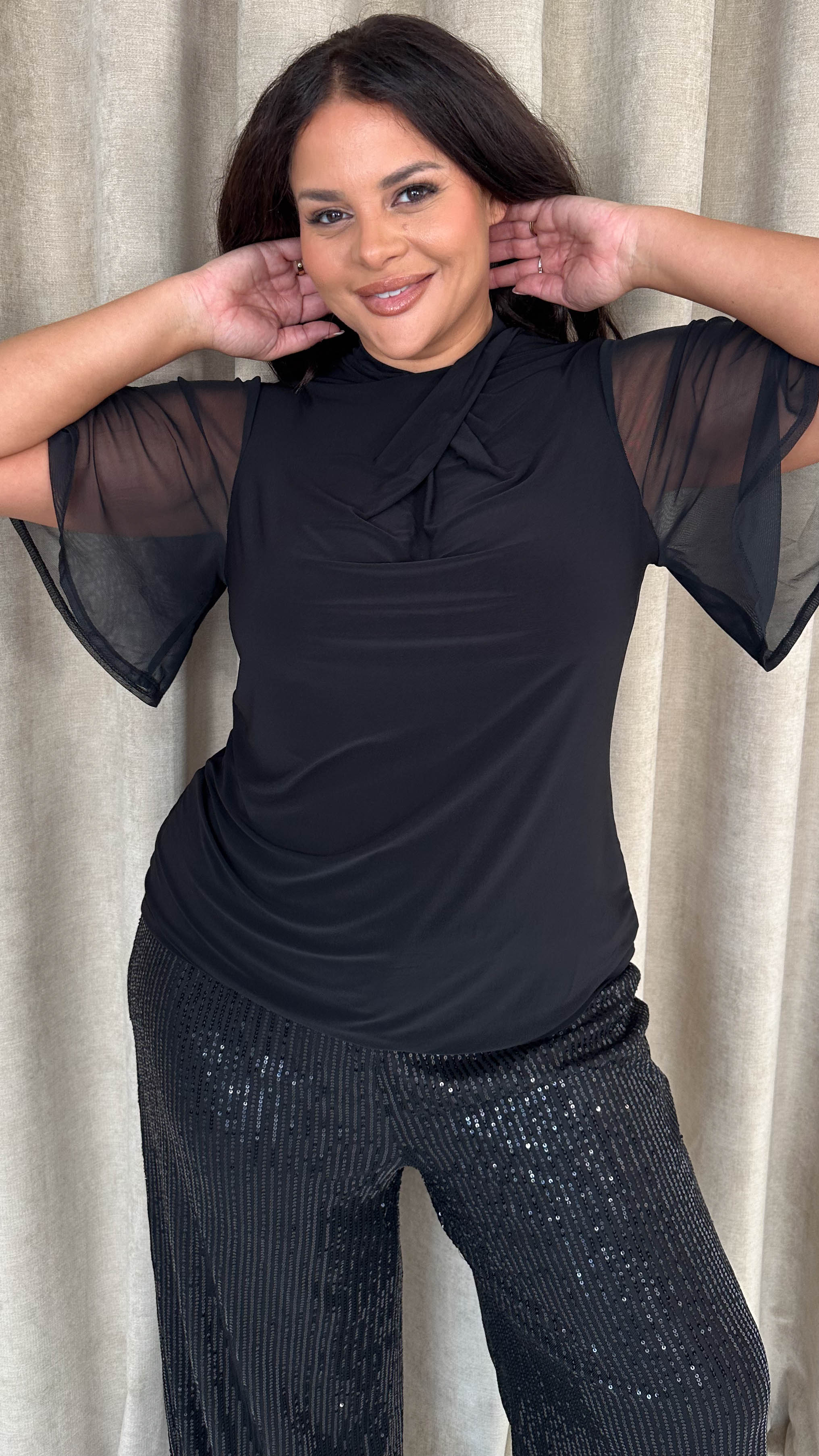 CurveWow Mesh Angel Sleeve Twist Neck Top Black