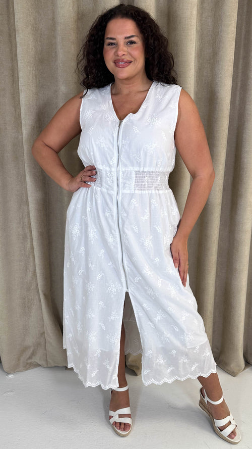 CurveWow Broderie Zip Front Dress White