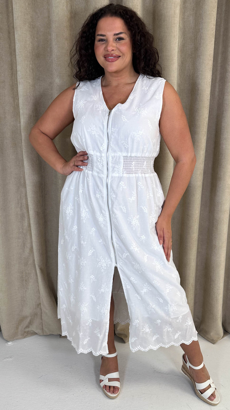 CurveWow Broderie Zip Front Dress White