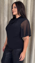 CurveWow Mesh Angel Sleeve Twist Neck Top Black