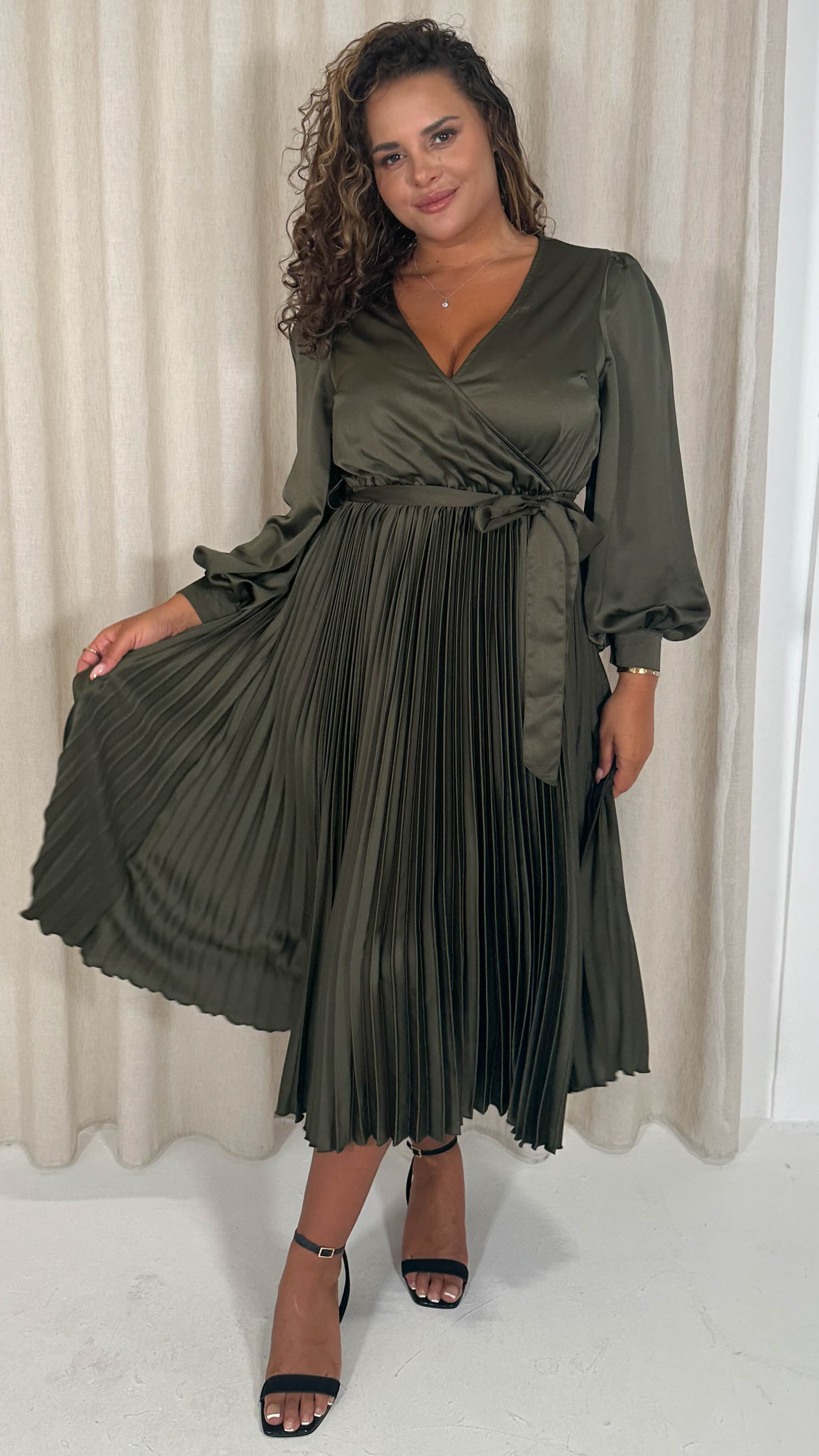 CurveWow Pleated Midi Dress Dark Khaki