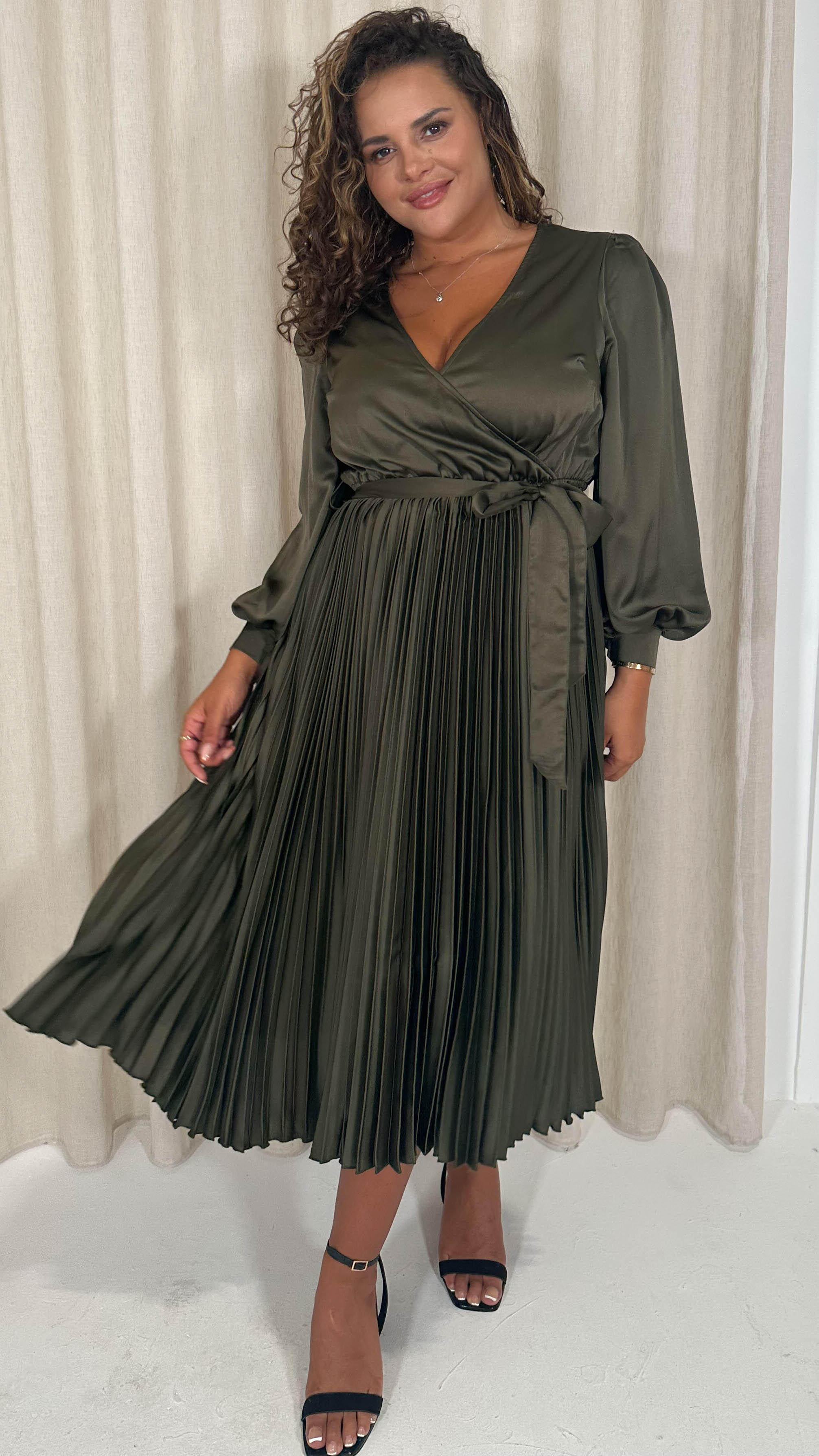 CurveWow Pleated Midi Dress Dark Khaki