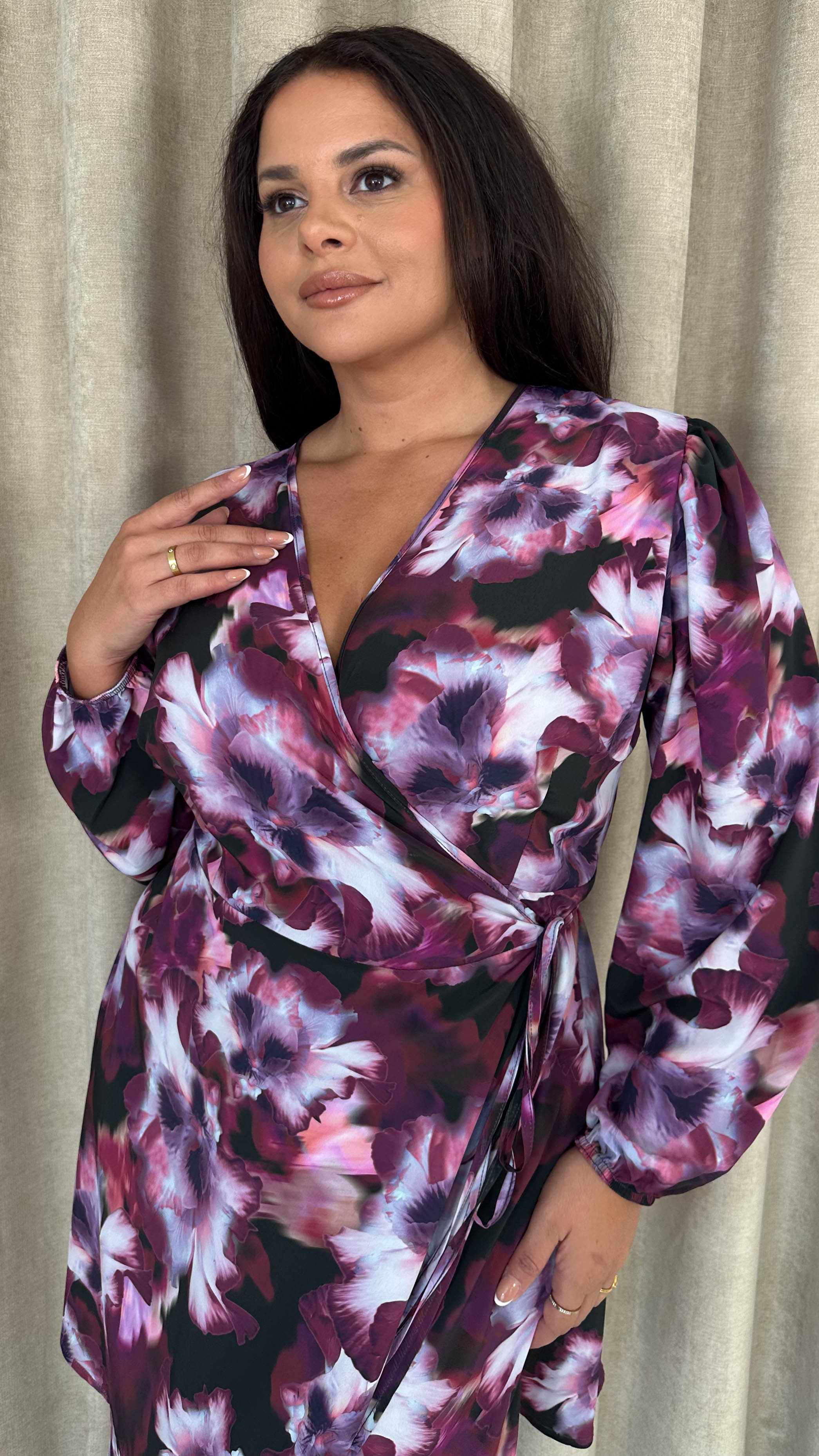 CurveWow Balloon Sleeve Wrap Mini Dress Multi Floral