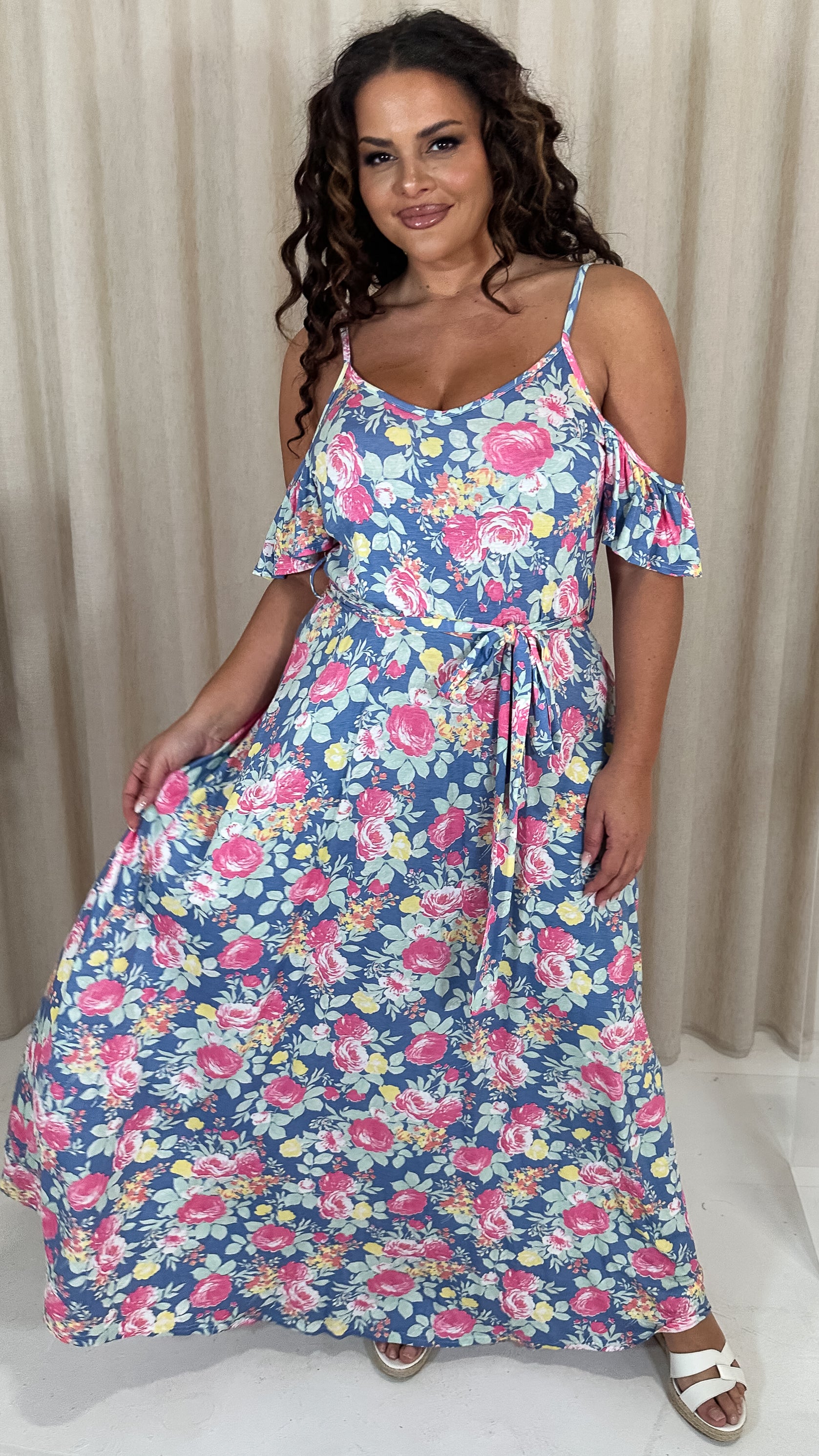 CurveWow Printed Cold Shoulder Maxi Dress Blue Multi Floral Curvewow CurveWow Printed Cold Shoulder Maxi Dress Blue Multi Floral Curvewow