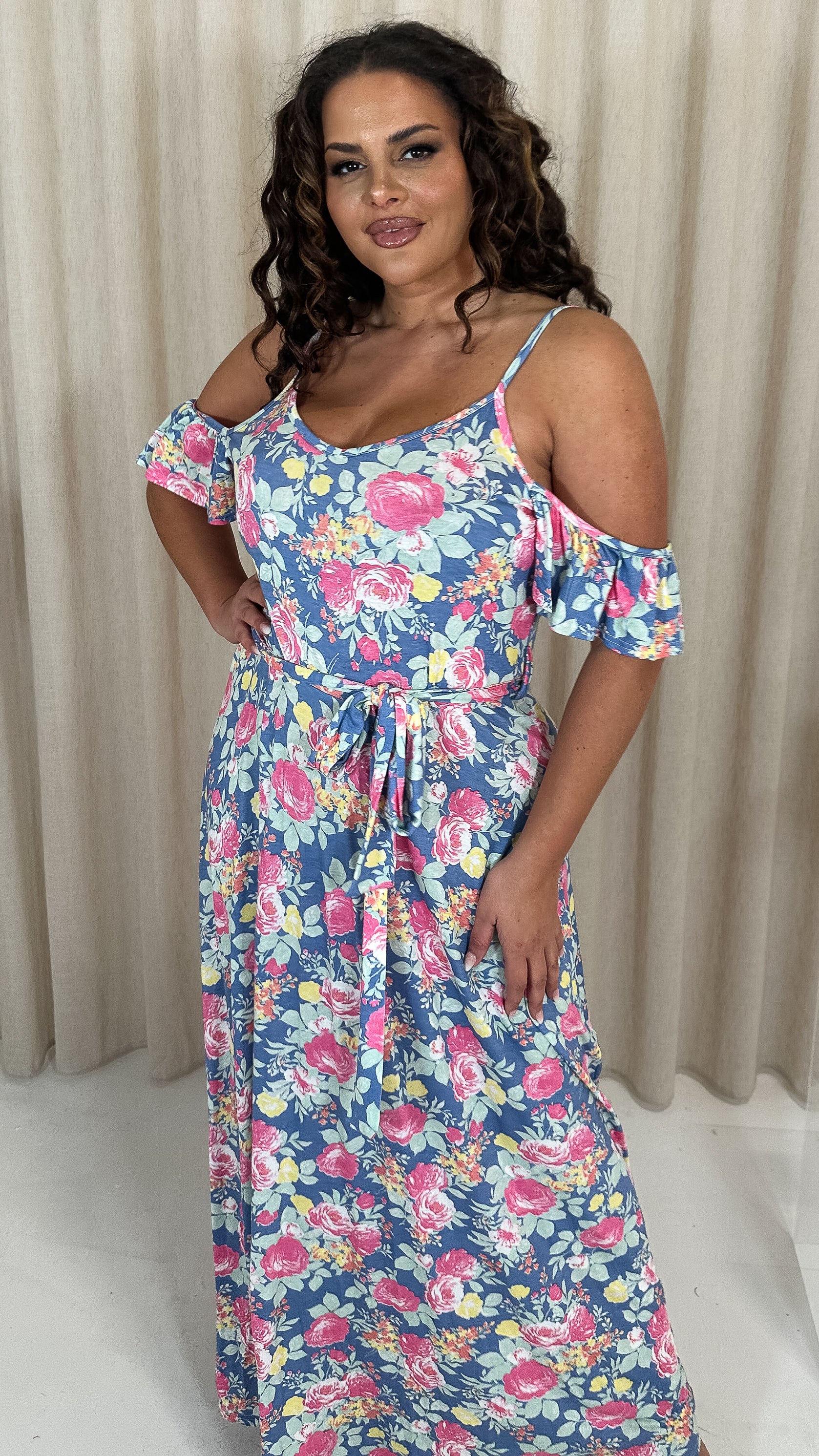 CurveWow Printed Cold Shoulder Maxi Dress Blue Multi Floral