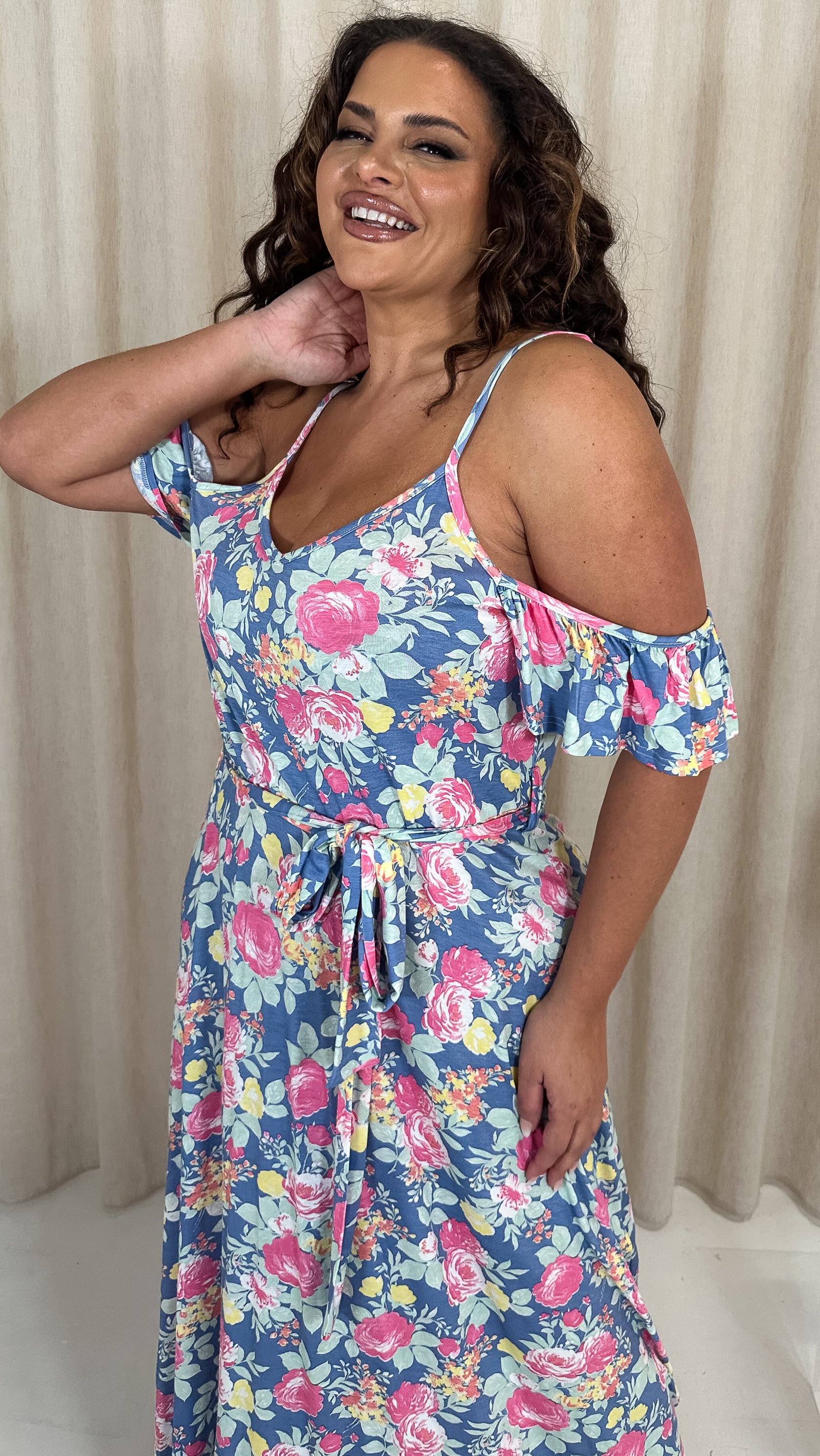 CurveWow Printed Cold Shoulder Maxi Dress Blue Multi Floral