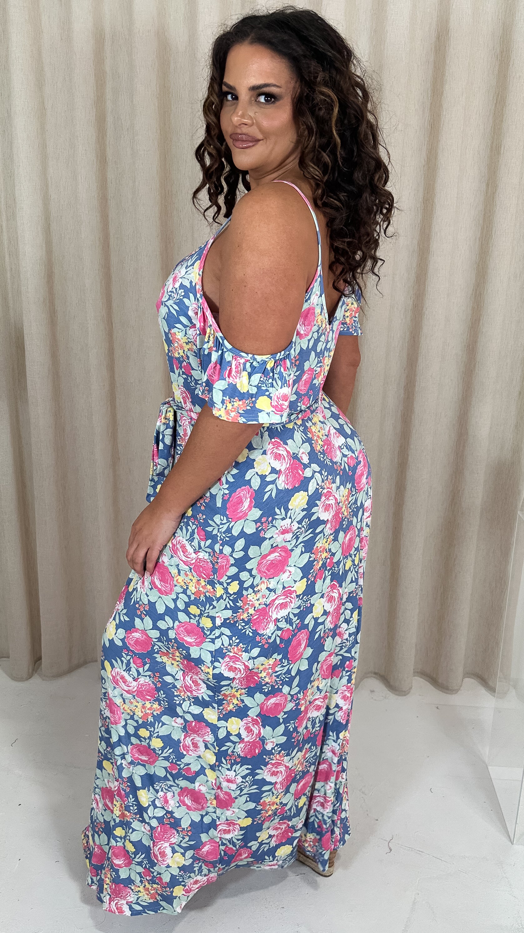 CurveWow Printed Cold Shoulder Maxi Dress Blue Multi Floral