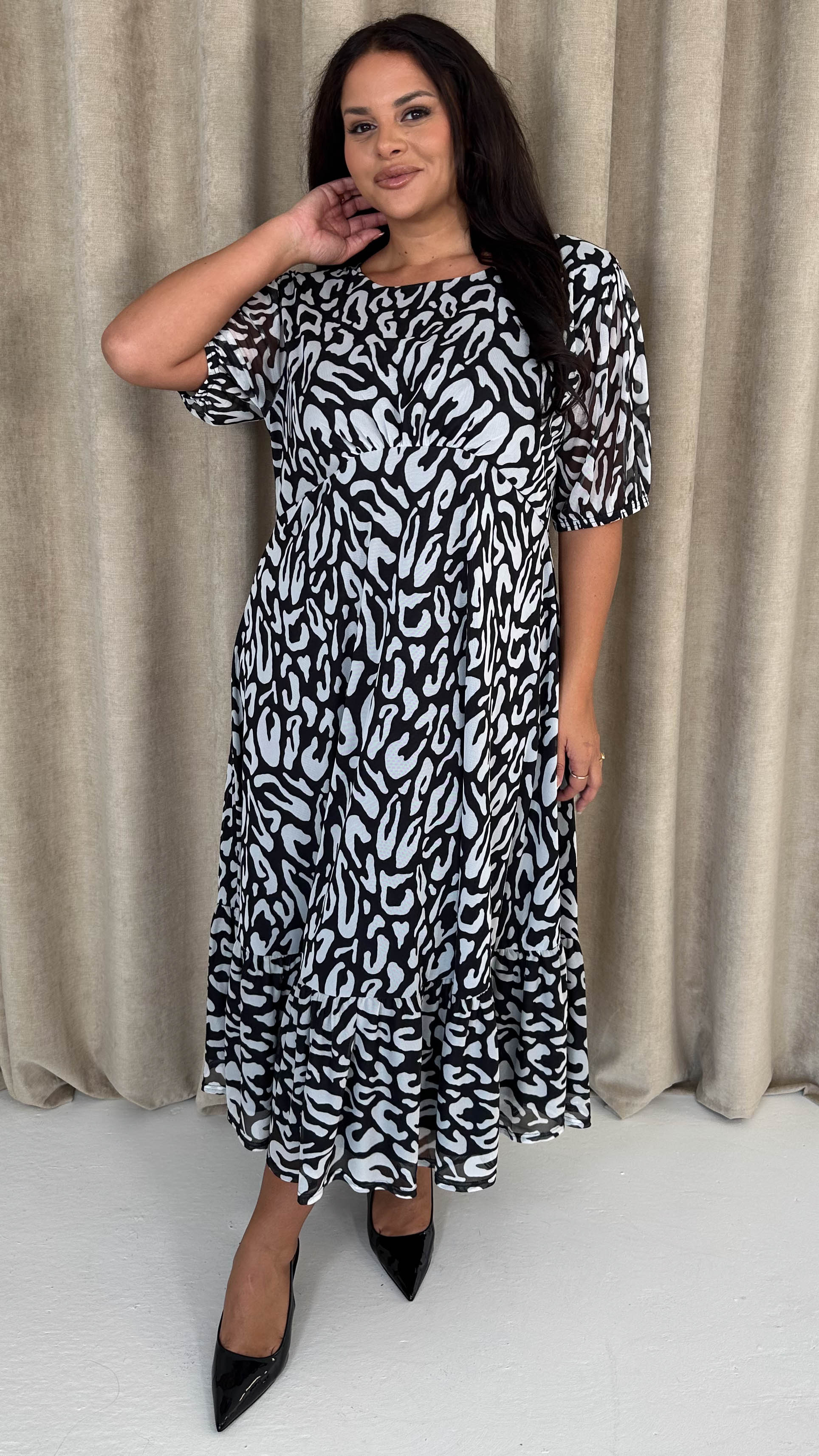 CurveWow Mesh Puff Sleeve Dress Black Leopard