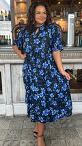 CurveWow Keyhole Front Printed Midi Dress Blue Floral
